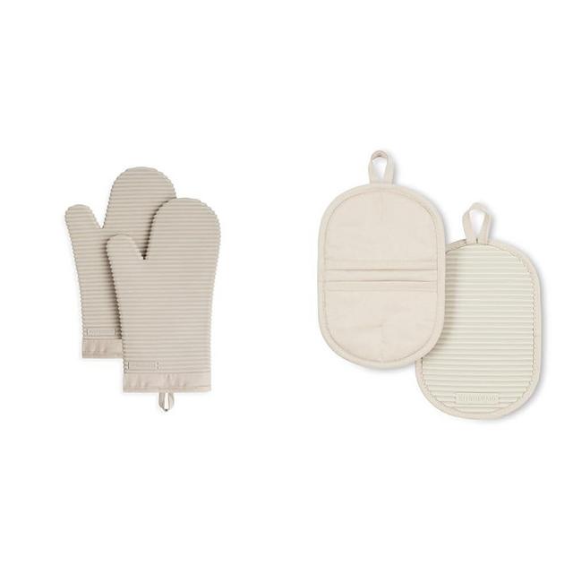 KitchenAid Ribbed Soft Silicone Oven Mitt Set, 7"x13", Milkshake 2 Count & KA GB Ribbed Soft Silicone Pot Grabber 2-Pack Set, 5"x8", Milkshake