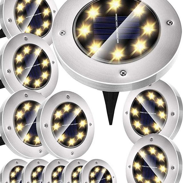Solar Lights Outdoor Decorative Garden Lights Solar Powered Solar Pathway Lights Waterproof Solar Ground Lights for Yard Patio Landscape Path Disk Lights 8 LED (Warm White 12 Pack)