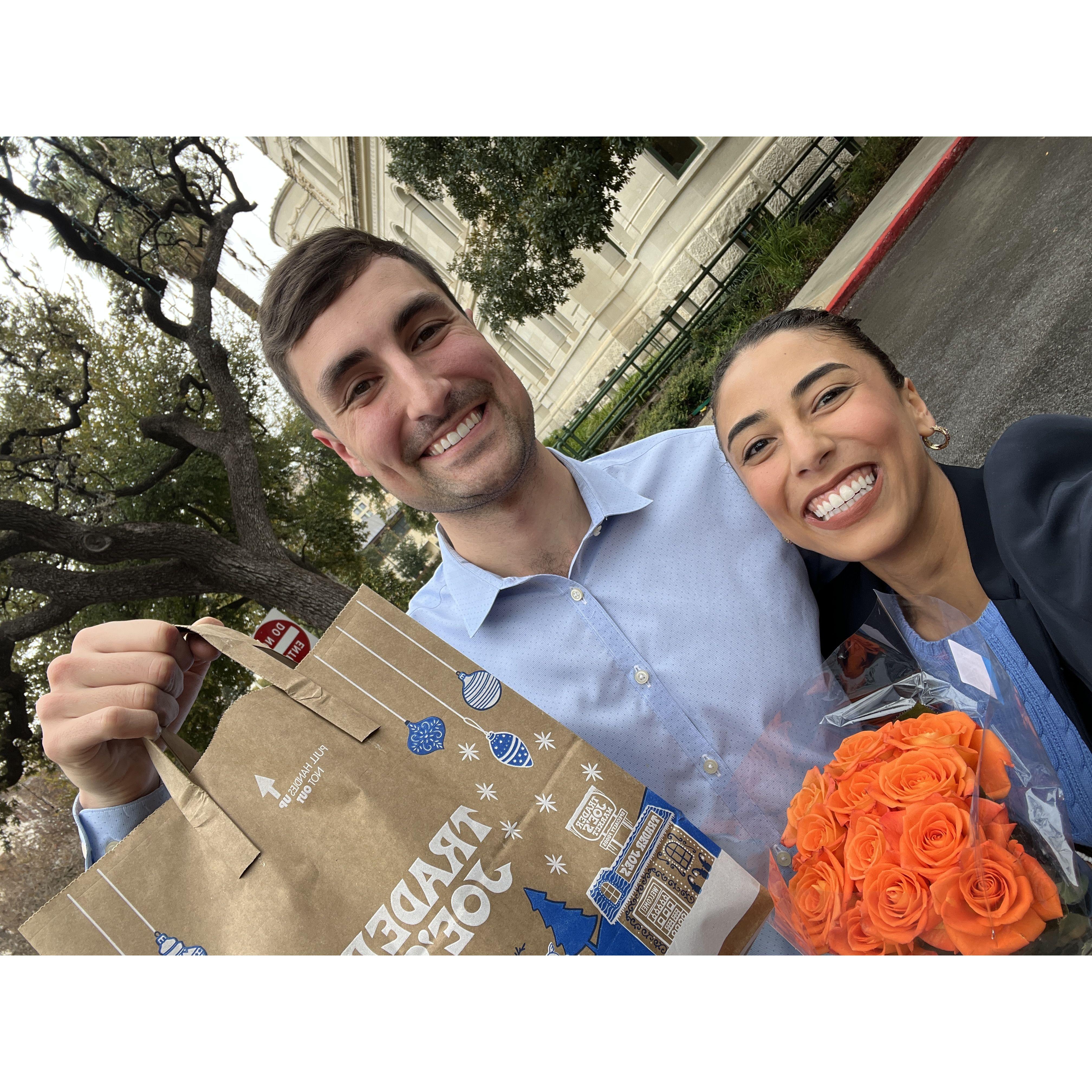 Kenton surprising me with flowers and lunch at City Hall