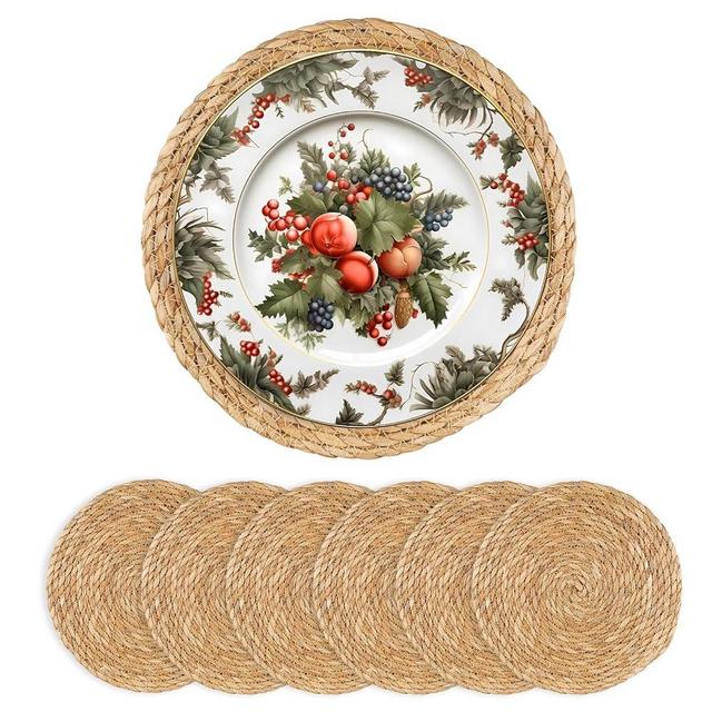 Round Woven Placemats - Boho Rattan Natural Water Hyacinth, Farmhouse Weave Place Mats, Rustic Braided Wicker Table Mats for Dining Table, Home, Wedding (13 Inch Set of 6)