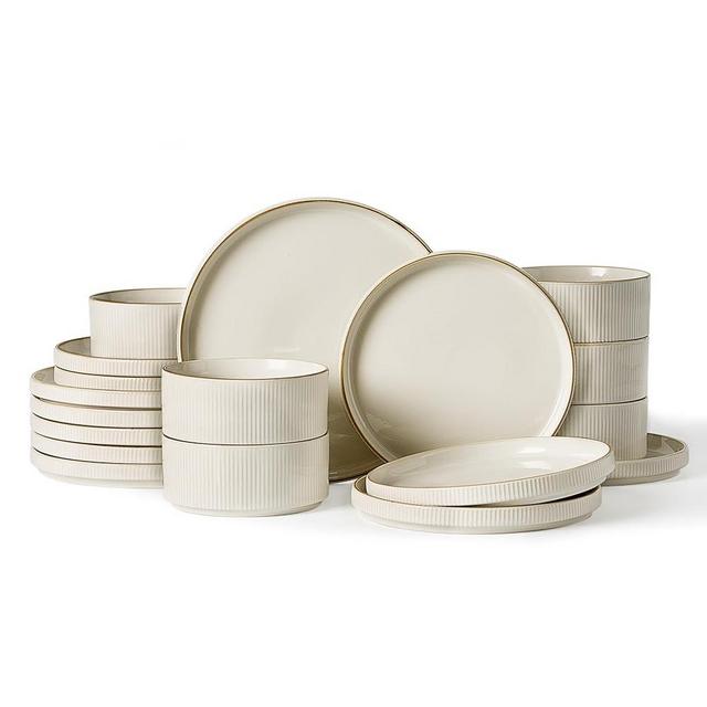 Famiware Star Dinnerware Set, Plates and Bowls Sets for 6 (18pcs), Ribbed Stoneware Dishes - Chip & Scratch Resistant, Microwave & Dishwasher Safe Kitchenware, Vanilla White