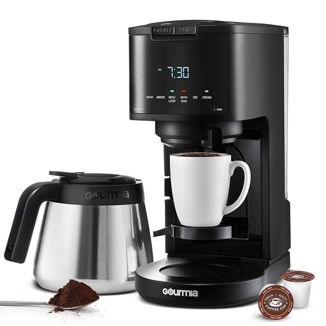 Gourmia 2-in-1 Single Serve and 12 Cup Coffee Maker - Drip Brew, K-Cup Compatible, Programmable, Pause and Serve, Removable Filter, Thermal Carafe, Black