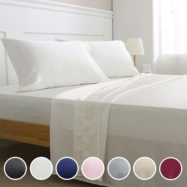 Vonty Satin Sheets Queen Size Silky Soft Satin Bed Sheets Ivory White Satin Sheet Set, 1 Deep Pocket + 1 Fitted Sheet + 1 Flat Sheet + 2 Pillowcases