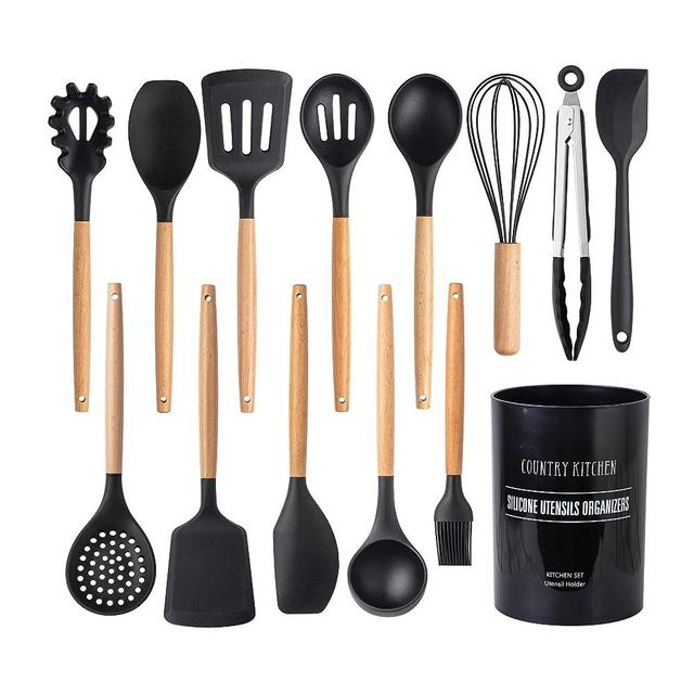 Country Kitchen Silicone Cooking Utensils, 14 Pc Kitchen Utensil Set, Easy to Clean Wooden Kitchen Utensils, Cooking Utensils for Nonstick Cookware, Kitchen Gadgets and Spatula Set