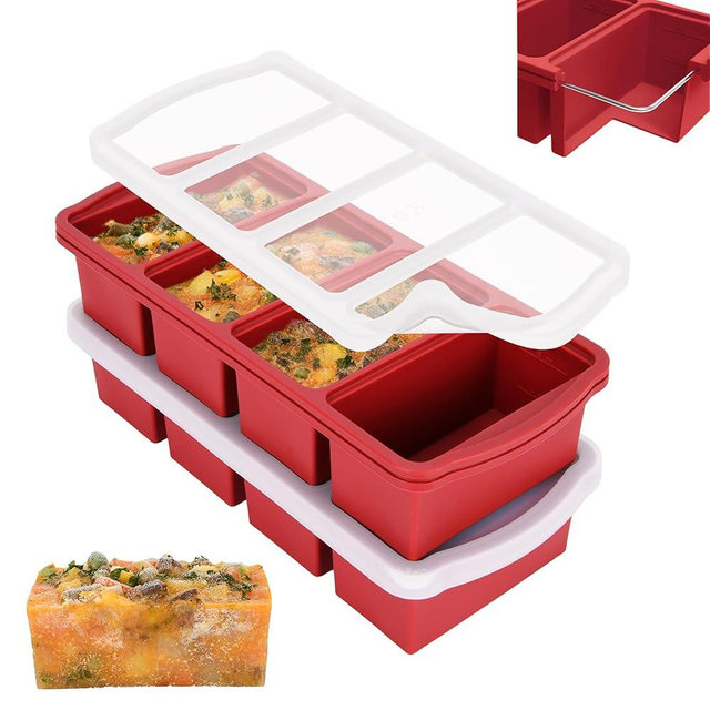 Zip Standing Silicone Freezer Trays with Lid,1-cup Soup Freezer Container large Ice Cube Molds with Reinforced Steel Ring Top for freezing Soup Sauce Broth Leftovers oven Dishwasher -Safe(2-Pack)