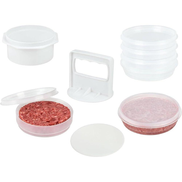 Mission Gallery Hamburger Press Patty Maker - 4 in 1, Burger Mold, Patty Press, 6 Storage Containers, 100 Patty Papers - Hamburger Patty Maker Tool for BBQ - Burger Shaper for Meat