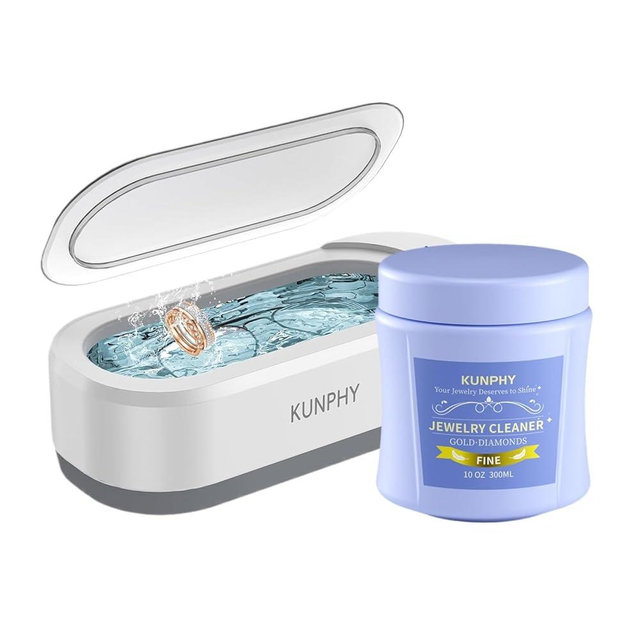KUNPHY Jewelry Cleaner, Professional Ultrasonic Cleaner 46kHz 12 oz and Jewelry Cleaning Solution 30 oz for Rings, Glasses, Retainers, Silver, Earrings, Gold