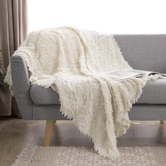 Fringed Cotton Throw Blanket Cable Knit Woven with Tassels Soft Lightweight Cozy Blanket Scarf Shawl Farmhouse Decoration for All-Season Textured Checkered (White)