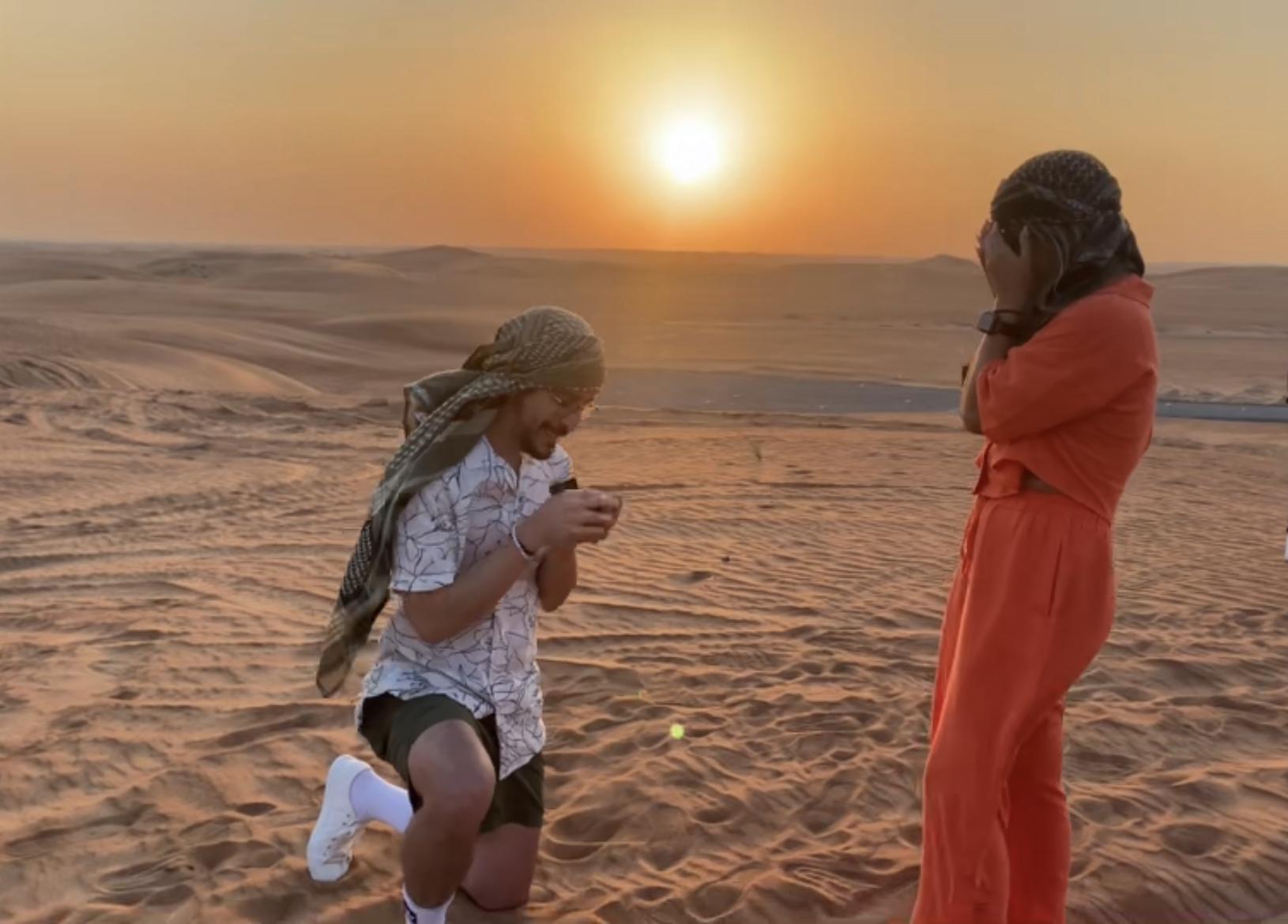 Proposed at sunset in the middle of the Dubai Desert.
Yvette immediately started crying.