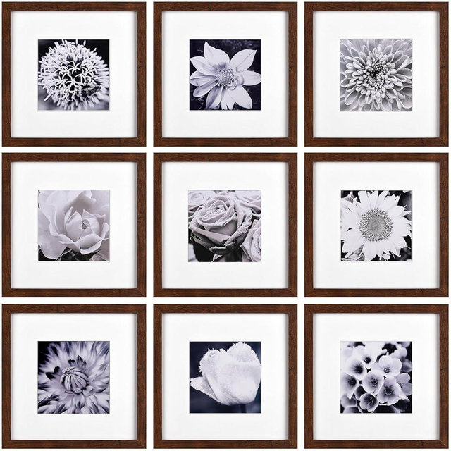 Yaetm 10x10 Picture Frame Set of 9, Brown Wood Grain Square 10x10 Frame Displays 6x6 with Mat or 10 x 10 without Mat, Gallery Wall Frames for Wall Mounting (9 pack, Brown)