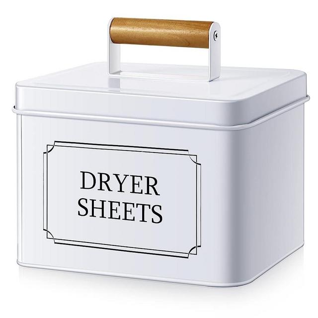 Hotop Metal Laundry Dryer Sheets Holder Fabric Softener Sheet Dispenser with Lid Farmhouse Storage Decor Container Box for Room Accessories Organization, White and Wood Color (Hotop-NDW93)