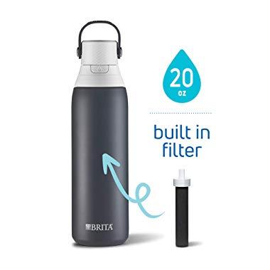 Brita 20 Ounce Premium Filtering Water Bottle with Filter - Double Wall Insulated Stainless Steel Bottle - BPA Free - Carbon and Assorted Colors