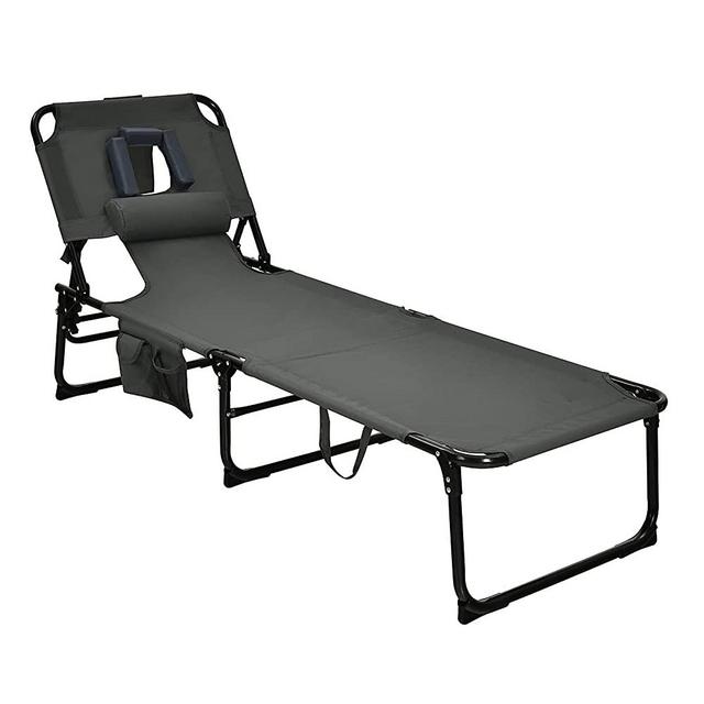GYMAX Beach Chaise Lounge, Adjustable Sunbathing Chair with Tan Face Cavity, Arm Hole, Removable Pillow, Carry Handle & Side Pocket, Portable Lightweight Recliner Chair for Poolside, Balcony (1, Gray)