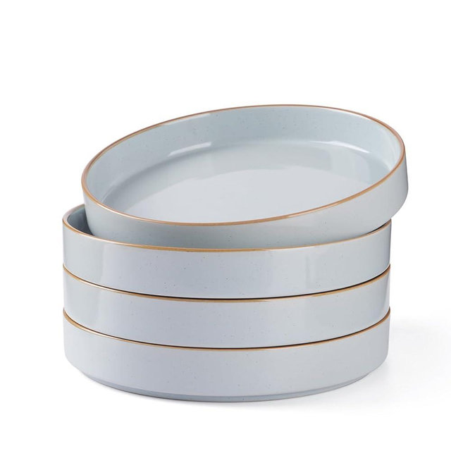 famiware Nebula Pasta Bowls for 4, 8.75-inch Salad Bowl Sets, Large Wide Bowls for Serving Dinner, Hand-Painted Brown Rim, Microwave and Dishwasher Safe, Light Blue
