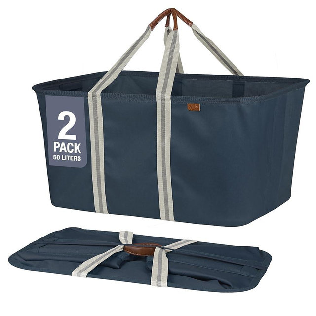 CleverMade Collapsible Laundry Tote LUXE, Navy Noir/Cream 2PK - 50L (13 Gal) Collapsible Laundry Baskets with Sturdy Pop-Up Wire Frame and Long Carry Handles - Space-Saving Collapsible Hamper