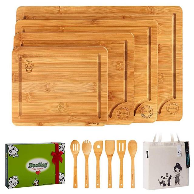 Boelley Bamboo Cutting Board set of 4 with 6 Utensils and 1 canvas bag Wood cutting boards with Juice Groove -handles -serving Tray kitchen Chopping Board for butcher block Cheese -Vegetables