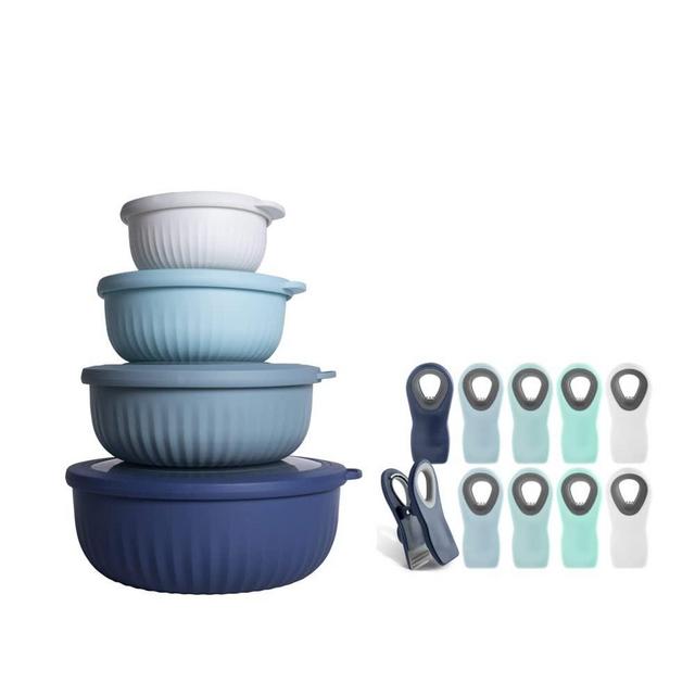 COOK WITH COLOR Ombre Prep Bowls and Clips Bundle-8 Piece Nesting Plastic Meal Prep Bowl Set with Lids-10 Pc Bag Clips with Magnet (Blue Ombre)