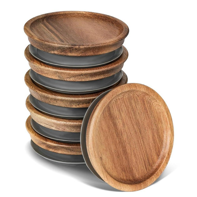 6 Pack Regular Mouth Lids for Mason Jars, Reusable Wooden Storage Lids with Silicone Seal for Regular Mouth Jars