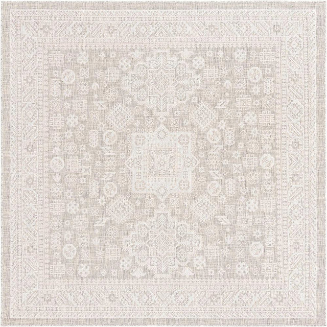 Rugs.com Outdoor Aztec Collection Rug – 8 Ft Square Light Gray Flatweave Rug Perfect for Living Rooms, Kitchens, Entryways