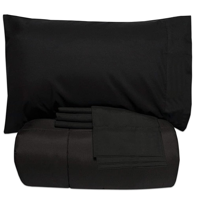 Sweet Home Collection 7 Piece Bed-In-A-Bag Solid Color Comforter & Sheet Set, King, Black