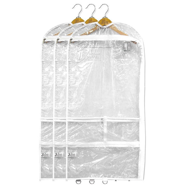 Clear Garment Bags for Dance Costumes 3-Pack, Regular-Size, Side Zipper Entry, Storage Pockets for Shoes & Accessories, Size 37”x18”, Dream Duffel