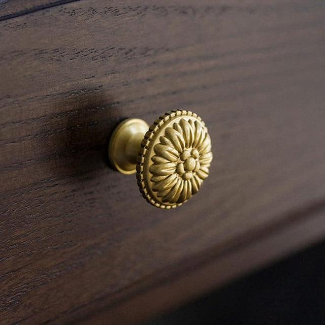 Myxekllo Brass Cabinet Round Knobs, 2 Pack Gold Euro Style Cabinet Knob Dresser Drawer Modern Dresser Drawer Knobs, Vintage Brass Cabinet Knobs