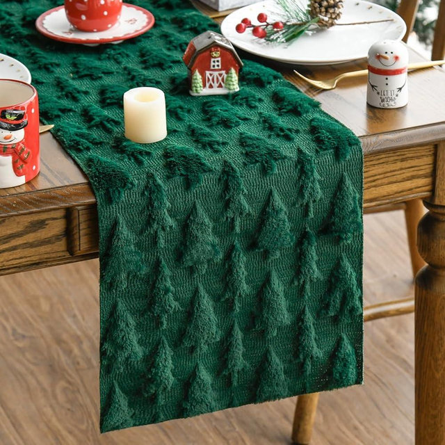 Artoid Mode Green Christmas Trees Soft Plush Faux Fur Jacquard Christmas Table Runner, Holiday Kitchen Dining Table Decoration for Home Party Decor 13x90 Inch