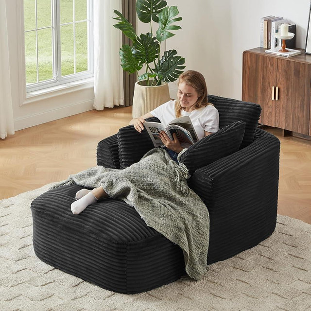 45" Chaise Lounge Chair Indoor, Comfy Fluffy Single Sleeper Sofa Bed with 3 Pillows, Boneless Reading Chairs Sofas Couches for Living Room, No Assembly Required (Black, 45" Single Chaise Lounges)