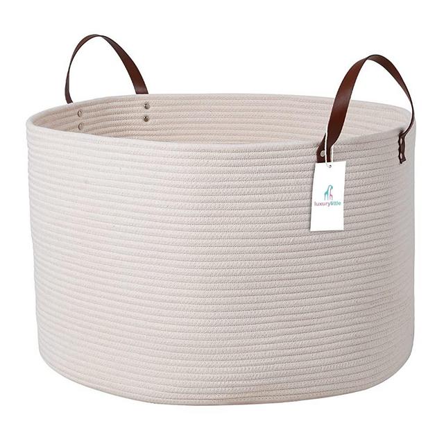luxury little Extra Large Nursery Storage Basket, 22 x 22 x 14 inches - 100% Cotton Rope Basket with Handles, Laundry Basket for Toys, Blankets & Pillows - Off White with Leather Handles