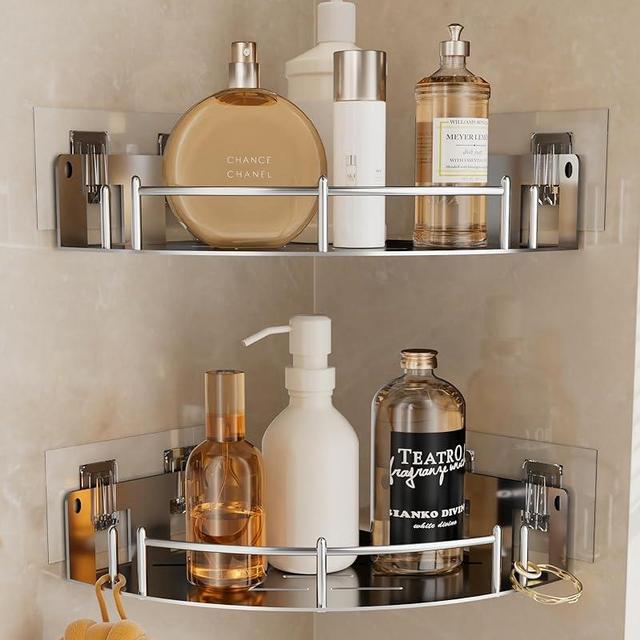 WingChoicE Corner Shower Caddy, Stainless Steel 304, Integrated Molding Bathroom Shelves, Wall Mounted Shower Organizer with Nail Free Adhesive, Suit for Corner Storage Racks in Bath Kitchen(2 Pack)