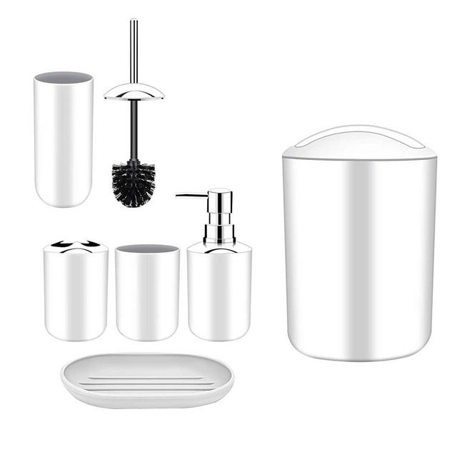 Papillon Bathroom Accessories Set-6 Piece Plastic Gift Set Toothbrush Holder,Toothbrush Cup,Soap Dispenser,Soap Dish,Toilet Brush Holder,Trash Can,Tumbler Straw Set Bathroom (White)