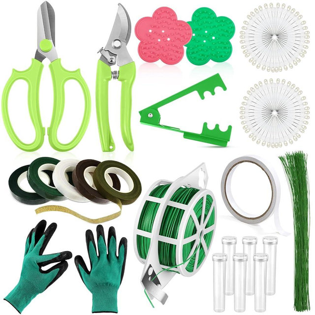 WILLBOND 121 Pcs Floral Arrangement Tool Kit, Rose Thorn Remover Pruner Trimmer Gloves 22/26 Gauge Paddle Tie Stem Pearl Corsage Pin Pruning Shears, Florist Tool Gift for Women(Green)