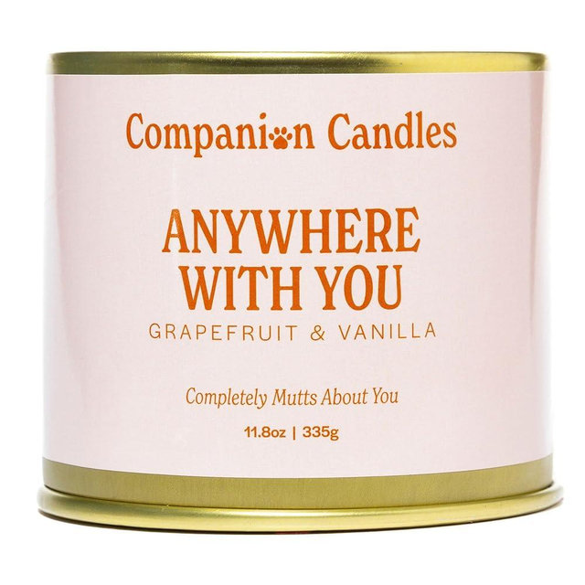 Companion Candles Pet-Friendly Wood Wick Candle - “Anywhere with You” Grapefruit & Vanilla, Coconut Soy Wax Scented, Over 50 Hr Burn Time, Non-Toxic, Women-Owned, Made in USA (11.8 oz.)