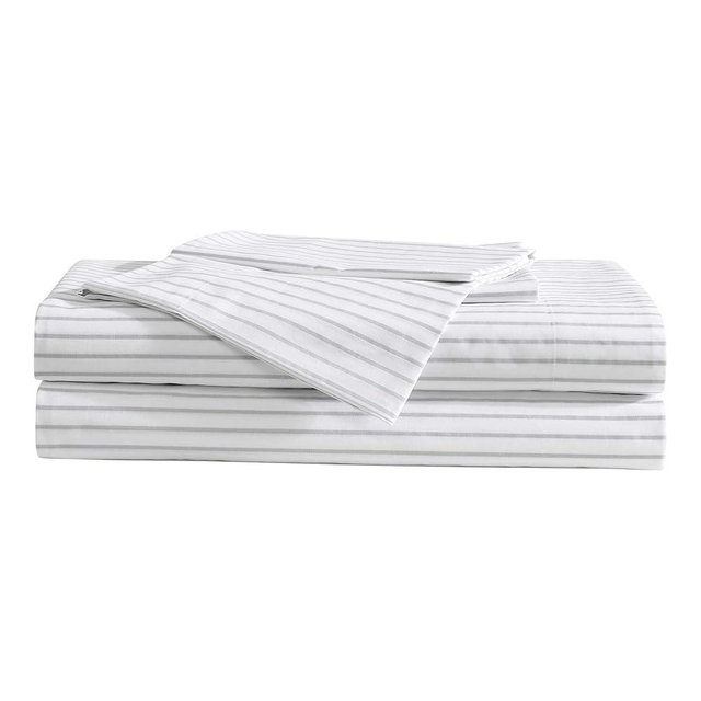 Eddie Bauer - Sheet Set, Luxurious Cotton Percale Bedding with Matching Pillowcases, Crisp & Cool, Fully Elasticized (Arden Stripe Grey, Queen)