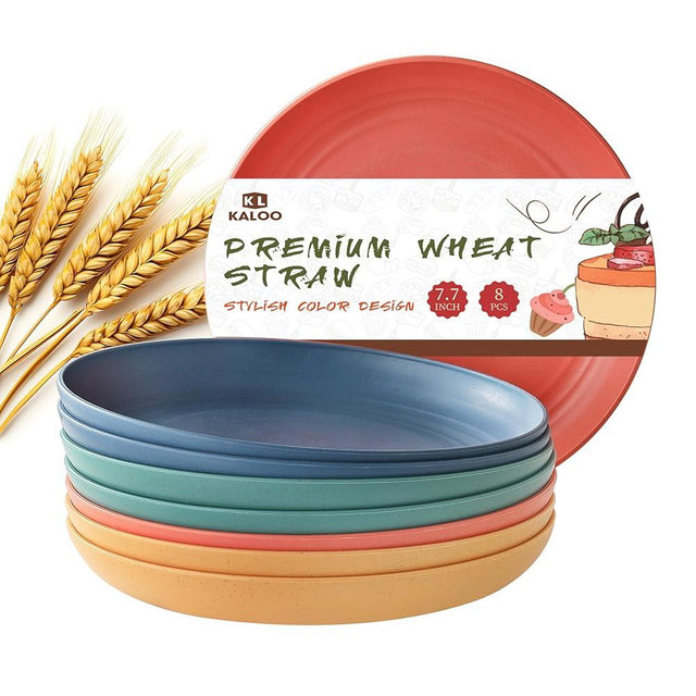 8 PCS Wheat Straw Plates, Kaloo 7.7 Inch Melamine Reusable Plastic Unbreakable Dinner Plates for kitchen, Dishwasher & Microwave Safe (4 colors)