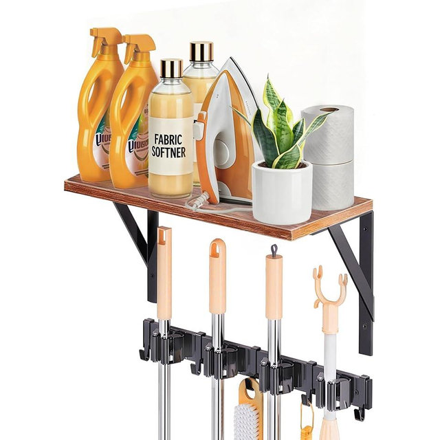 Broom Holder Wall Mount with Organizer Shelf, Space-Saving Broom and Mop Organizer Wall Hanging with 4 Broom Slots 5 Removable Hooks, Laundry Room Shelves for Laundry Room, Garage, Garden, Closet