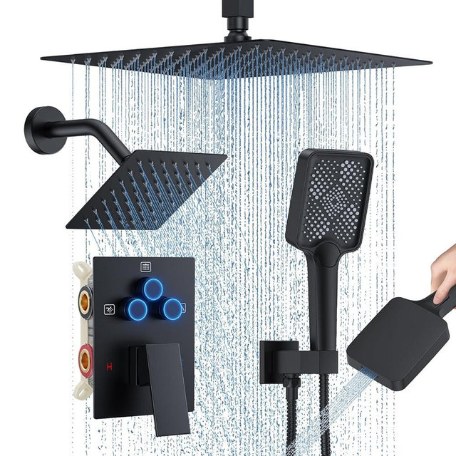 Shower Faucet Set, 12" Ceiling Mount Rainfall Shower System with 2 Rain Shower Head and Multi-function Handheld Head Push Button Diverter Shower Faucet Trim Kit (12", Matte Black)
