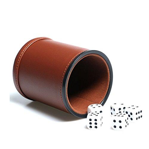 Leather Dice Cup Set Felt Lining Quiet Shaker with 5 Dot Dices for Farkle Yahtzee Games, Brown