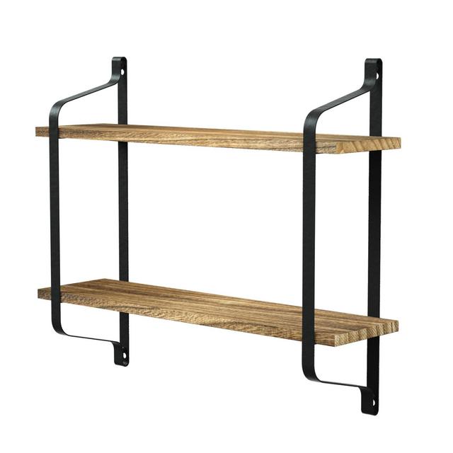 Love-KANKEI Rustic Floating Book Shelves Wall Mounted, Industrial Wall Shelves for Pantry Living Room Bedroom Kitchen Entryway, 2 Tier Wood Storage Shelf Heavy Duty Carbonized Black