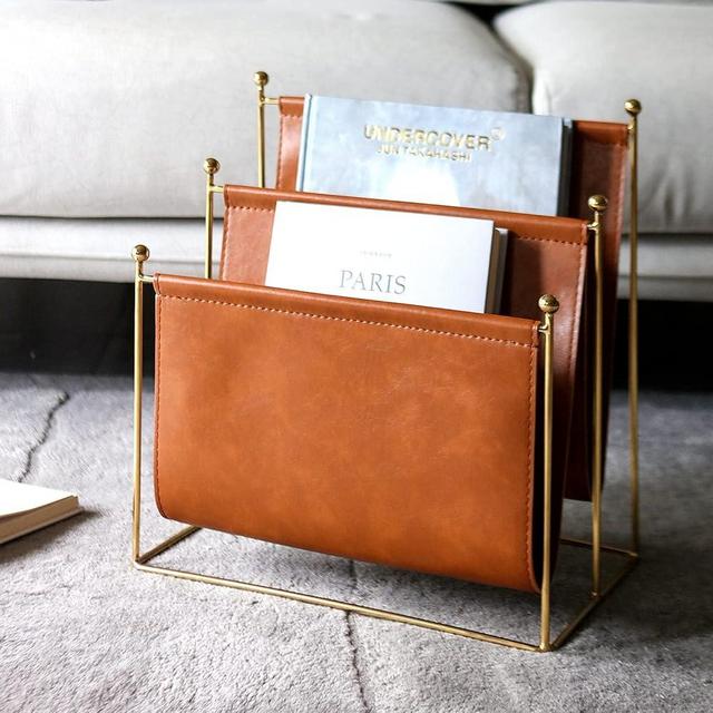 lesermoorer Plated Metal Wire and Leatherette Magazine Holder Rack, 2-Slot Standing Rack for Magazines, Books, Newspapers, Home Staging Decoration