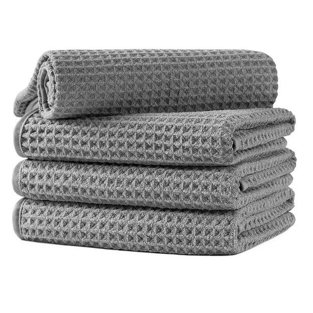 MICROFI Microfiber Waffle Hand Towels, 4 Pieces, Soft, Absorbent, Fast Drying, Lint Free (Gray)