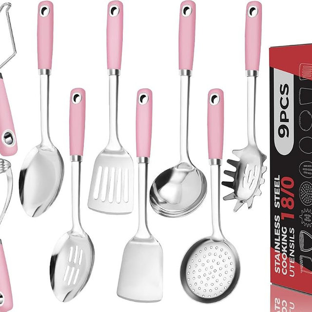 MUJINON 18/0 Stainless Steel Cooking Utensils Set, Heavy Duty Pink Handle for Kitchen Daily Use Party Wedding Housewarming, Dishwasher Safe, 9 Pieces