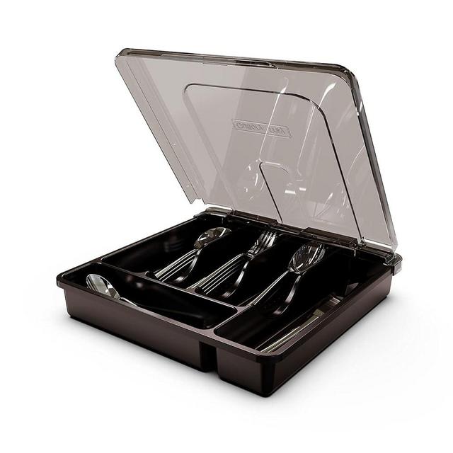 QINOL Silverware Tray with Lid, Utensil Drawer Organizer for Kitchen Countertop Plastic Flatware Organizers and Storage holder 5 Compartments Black
