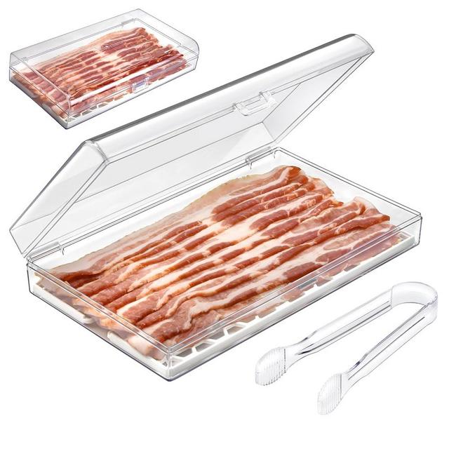 GlossyEnd Bacon Keeper Storage Container with Tong, Deli Meat Storage Container with Perforated Tray for Freshness, Clear Durable Plastic - Dishwasher and Freezer Safe - Size: 11” x 6.5” x 2”