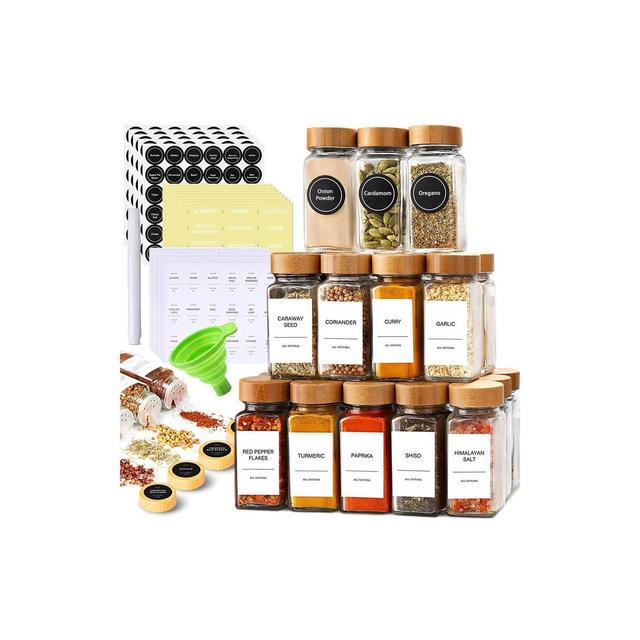 Le'raze 24 Glass Spice Jars with Label Set Bamboo Shaker Lids & Funnel, Kitchen Airtight Storage Jars with Lid, Spices & Seasonings Container Set