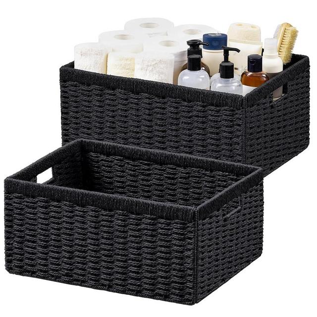 UBBCARE 2 Pack Wicker Basket, 16.5L×13H×7.5W inch Woven Paper Rope Storage Baskets for shelves, Foldable Rectangular Storage Baskets with Handle, Storage Basket for Organizing, Black