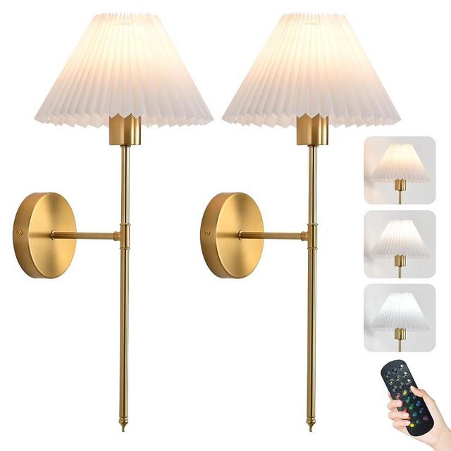 Rechargeable Wall Sconces Set of 2, Gold Battery Operated Wall Lights with Remote, Dimmable Pleated Shades Wall Lamp, 15 Colors Wireless Bathroom Vanity Wall Sconce for Bedroom Living Room Hallway