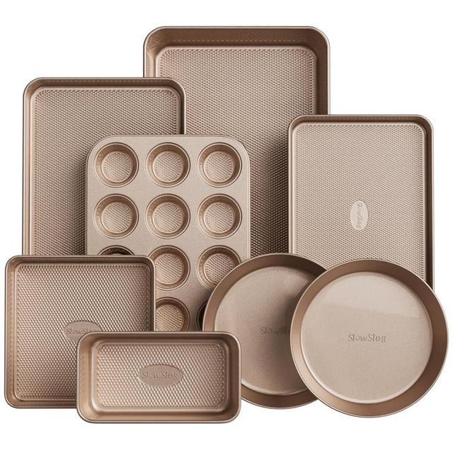 Slow Slog Baking Pans Set 8-Piece Bakeware Sets, Baking Sets for Cooking Nonstick Oven Pan Set, Baking Sheet Set, Cookie Sheets for Baking, Muffin Pan, Cookie Sheets (Ceramic Coated Gold)