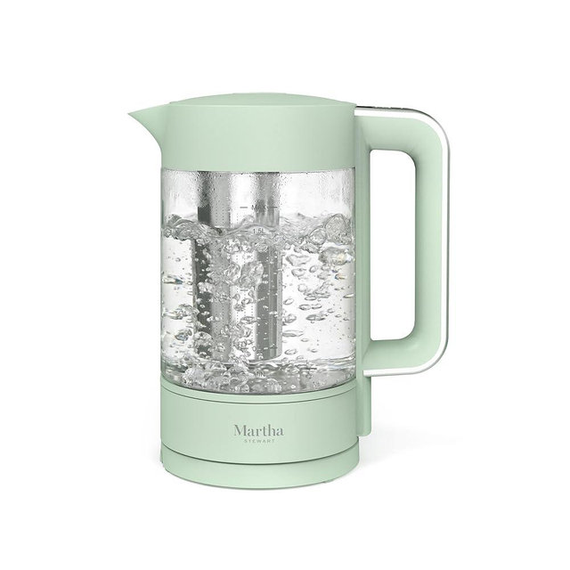 Martha Stewart Electric Kettle with Removable Stainless Steel Tea Infuser, Glass Carafe 1.7L (7 Cups), Hot Water Boiler, 4 Presets, Keep Warm & Auto Shut-Off, Cordless 360° Swivel Base, Honeydew Green