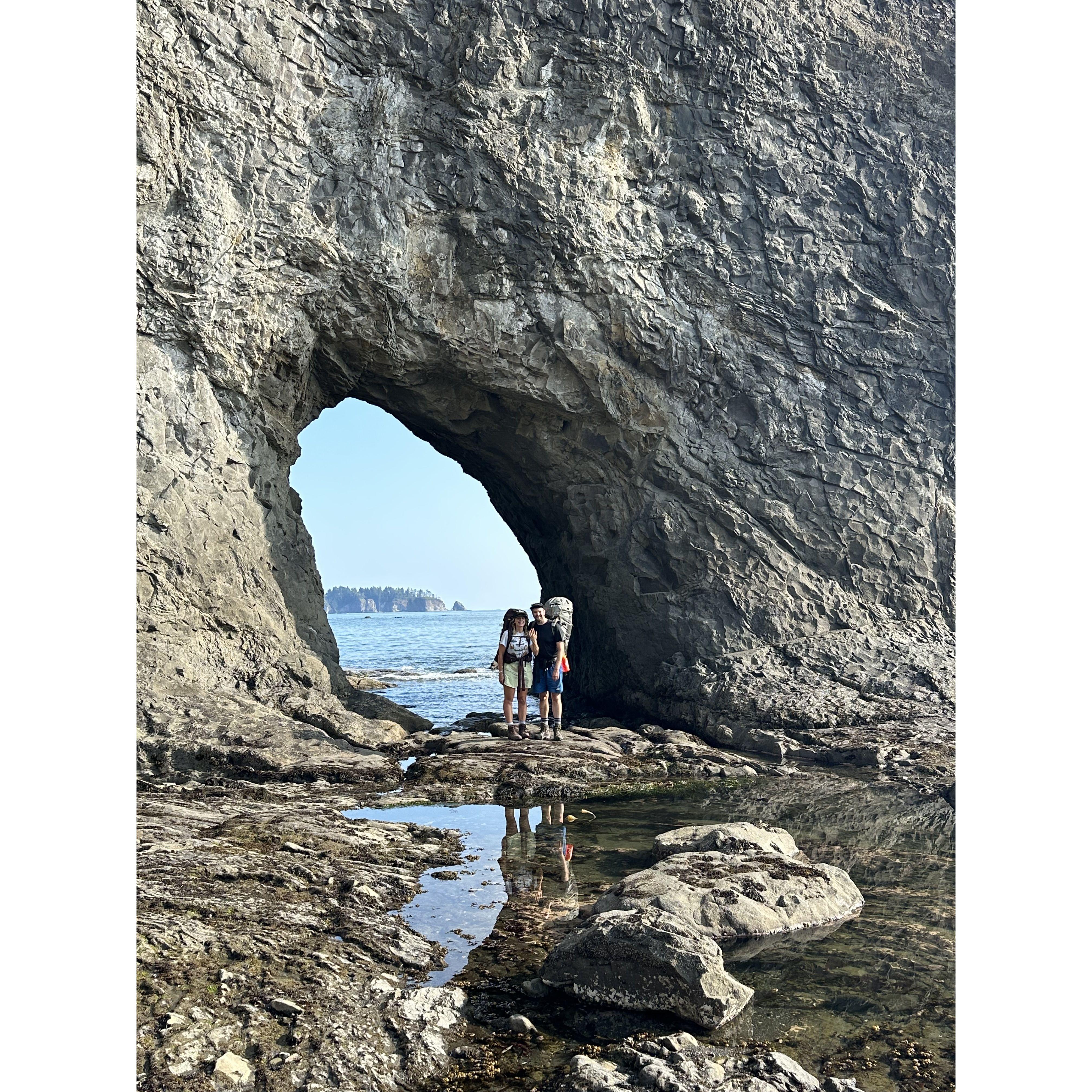 Hole in the Wall Near Rialto Beach on the 26 mile Cape Alava hike shortly after Brendan proposed to Caroline